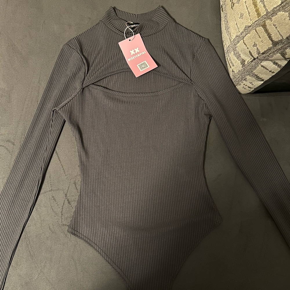 Jayla Charcoal Ribbed Cut Out Turtle Neck Bodysuit